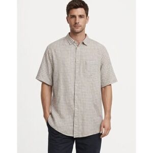 Tommy Bahama 100% Linen Button Up Camp Shirt Mens Size XL Tan Gingham Check EUC